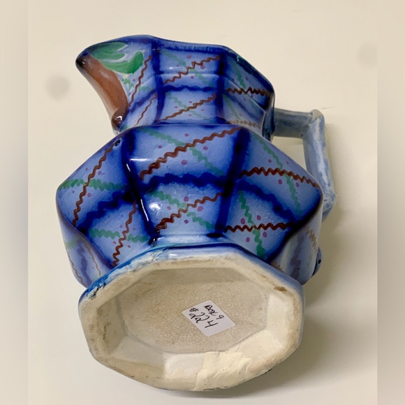 19th Century Antique Gaudy Ironstone Flow Blue Squiggle Grid Pattern Jug Pitcher - Picture 10 of 16